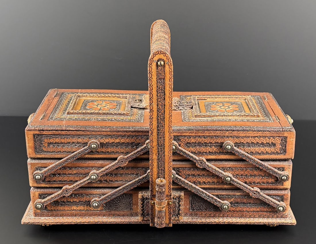 Tramp Art Pyrography Sewing Box (1 of 5)