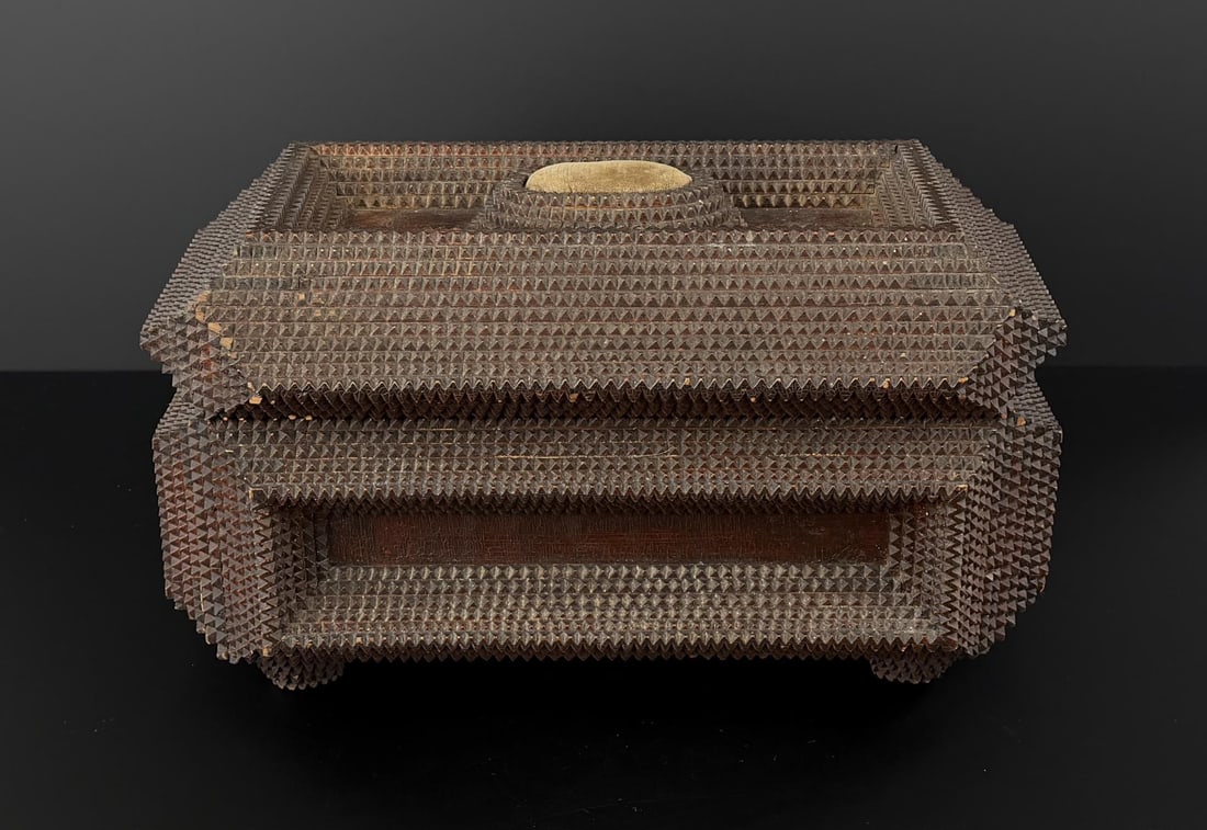 Folk Tramp Art Jewelry Box: 8 7/8" by 9 1/8" by 15 3/8".