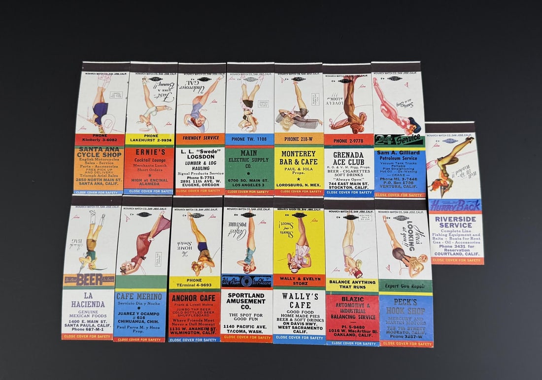Collection of Pinup Girl Matchbook Covers: From bars and cafes in the California and New Mexico region. 15 total.
