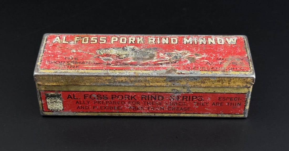 AL Foss Pork Rind Minnow Fishing Lure Box: No lure, box only, 1" by 1 1/4" by 4".