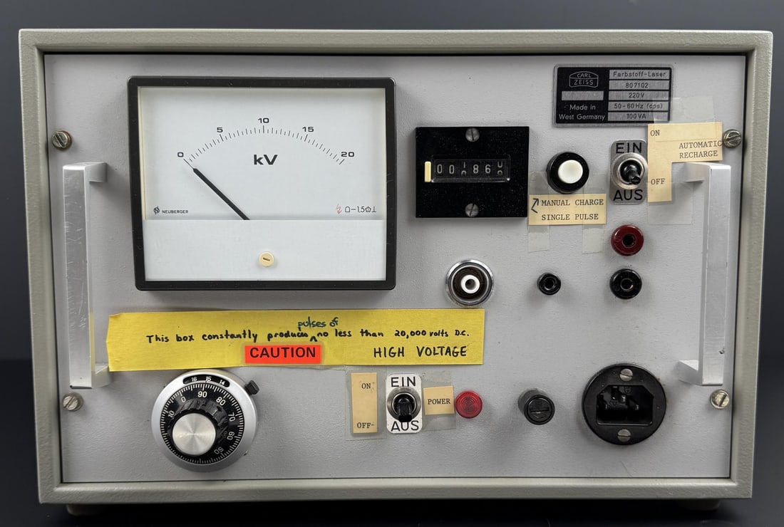 Carl Zeiss Dye Laser Power Supply: Model 807102, high voltage power supply and controller, 8 1/8" by 8 3/8" by 12 3/4".
