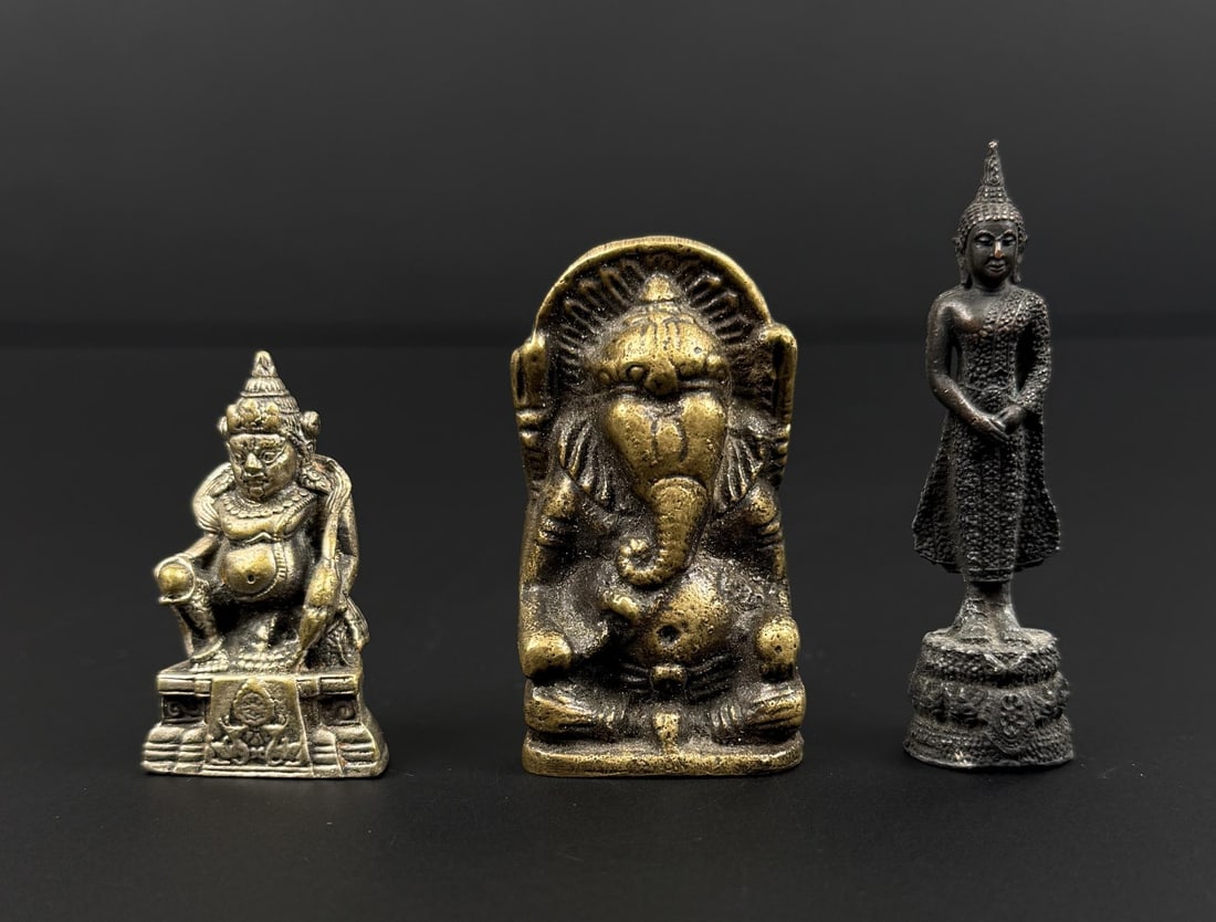 Tibetan Buddhist Bronze Dieties: Lord Ganesh (elephant in center) is 1 1/8" by 2". Tall Buddha is 2 3/8" tall.