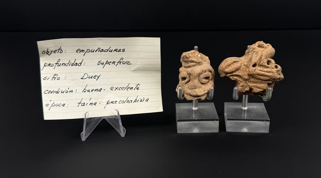 Pre Columbian Effigy Pottery Pieces: Handle pieces measure 1 7/8" by 2" and 1 3/8" by 1 7/8".