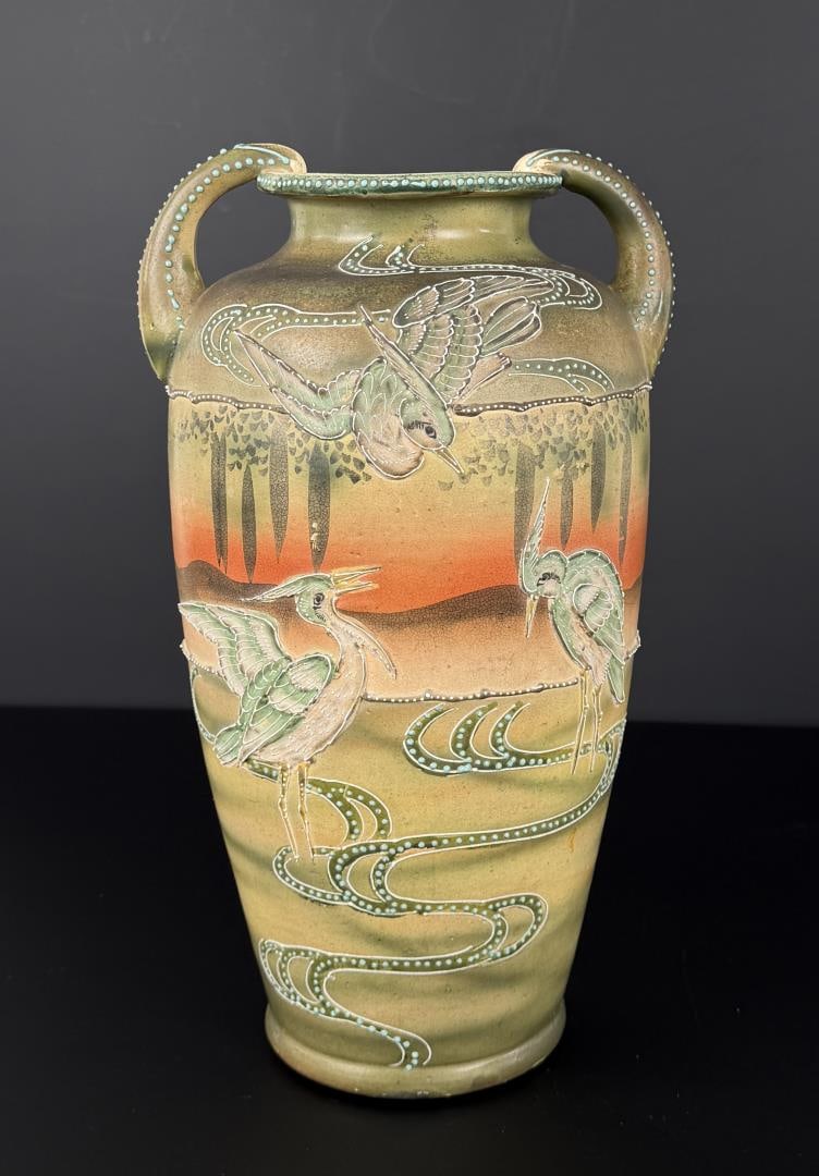 Nippon Moriage Porcelain Heron Vase: 12 1/2" tall, 6 1/2" diameter.