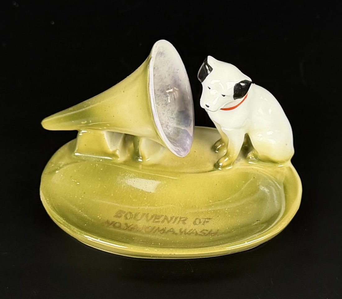 Nippon Porcelain His Masters Voice Ashtray: Souvenir of Yakima Washington. 4" by 2 7/8" by 2 1/2".
