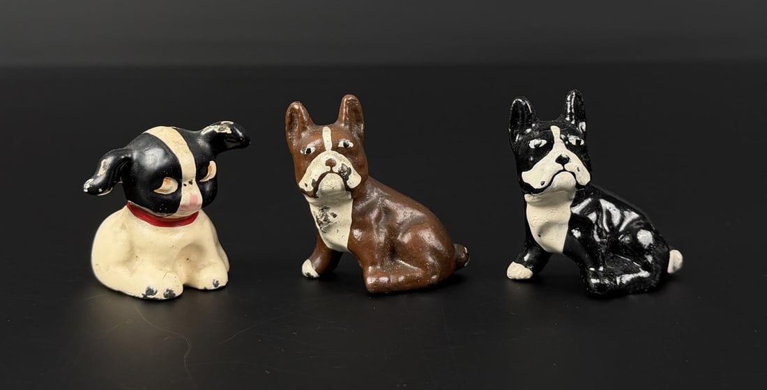 Hubley Iron Bulldog Boston Terrier Paperweights: Largest is 1 3/4" by 1 3/4" by 1".