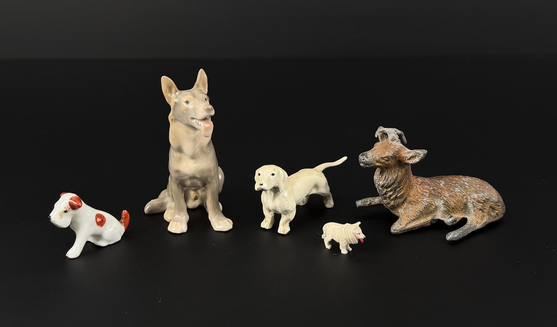 Collection of Assorted Animal Figurines: Spelter Elk and Dachshund, Porcelain Terrier, Bing & Grondahl B&G German Shepherd