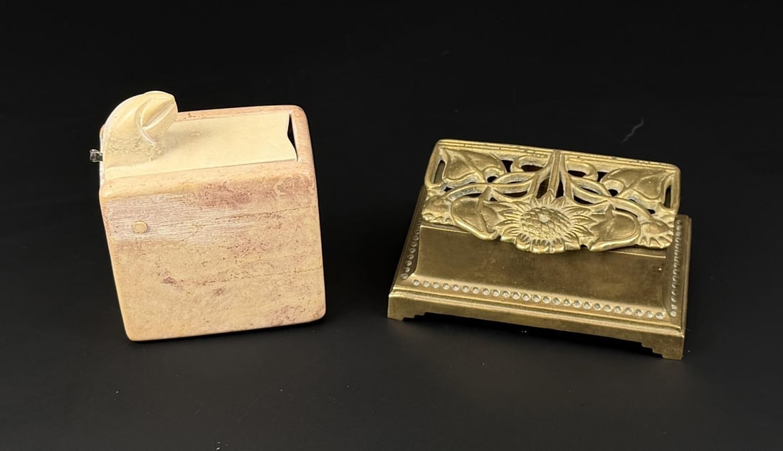 Brass Stamp Box and Stone Trick Snake Box: Largest is 3 1/2" by 2 1/8" by 1 1/4"