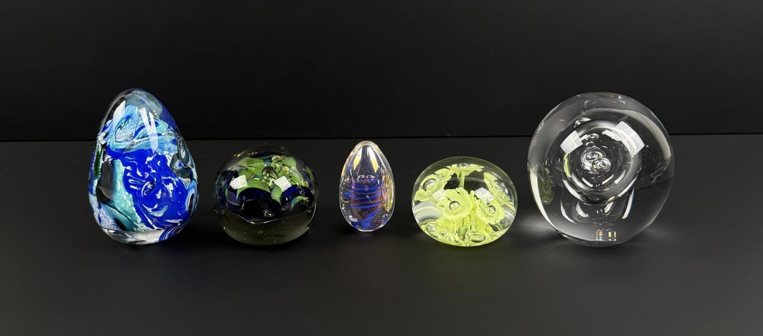 Collection of Art Glass Paperweights: Studio Ahus and more. Largest is 3 7/8" tall, 3 5/8" diameter.