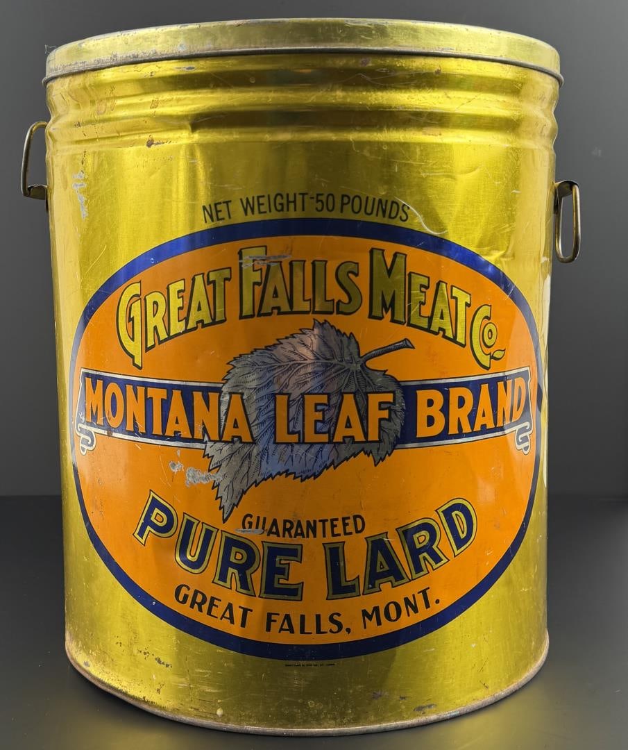 Great Falls Meat Co Montana Lard Can Pail: 50lb size.
