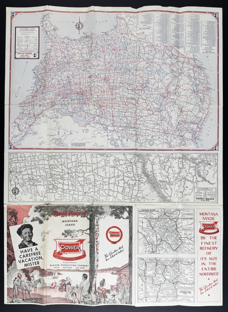 Power Gasoline Montana Idaho Road Map: Glacier Production Company. 19 1/2" by 26 3/4" unfolded.