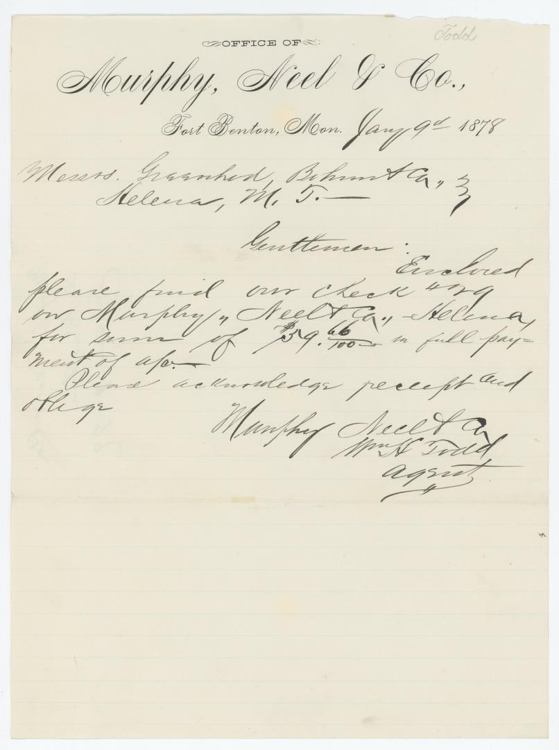 Fort Benton Montana Territory Billhead: Signed by William Henry Todd, the builder of the Grand Hotel in Fort Benton.