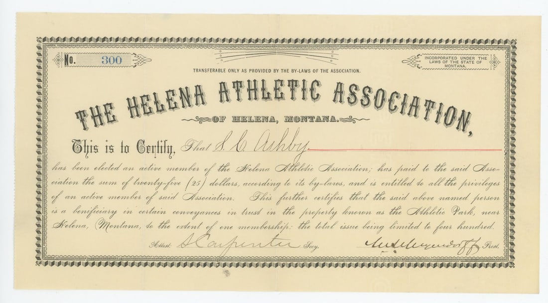 Helena Montana Athletic Association Certificate: Shirley C. Ashby (S.C. Ashby) was a prominent early-day financier, real estate broker, and agricultural equipment dealer in Helena, Montana, arriving in 1867. He built the historic S.C. Ashby House at