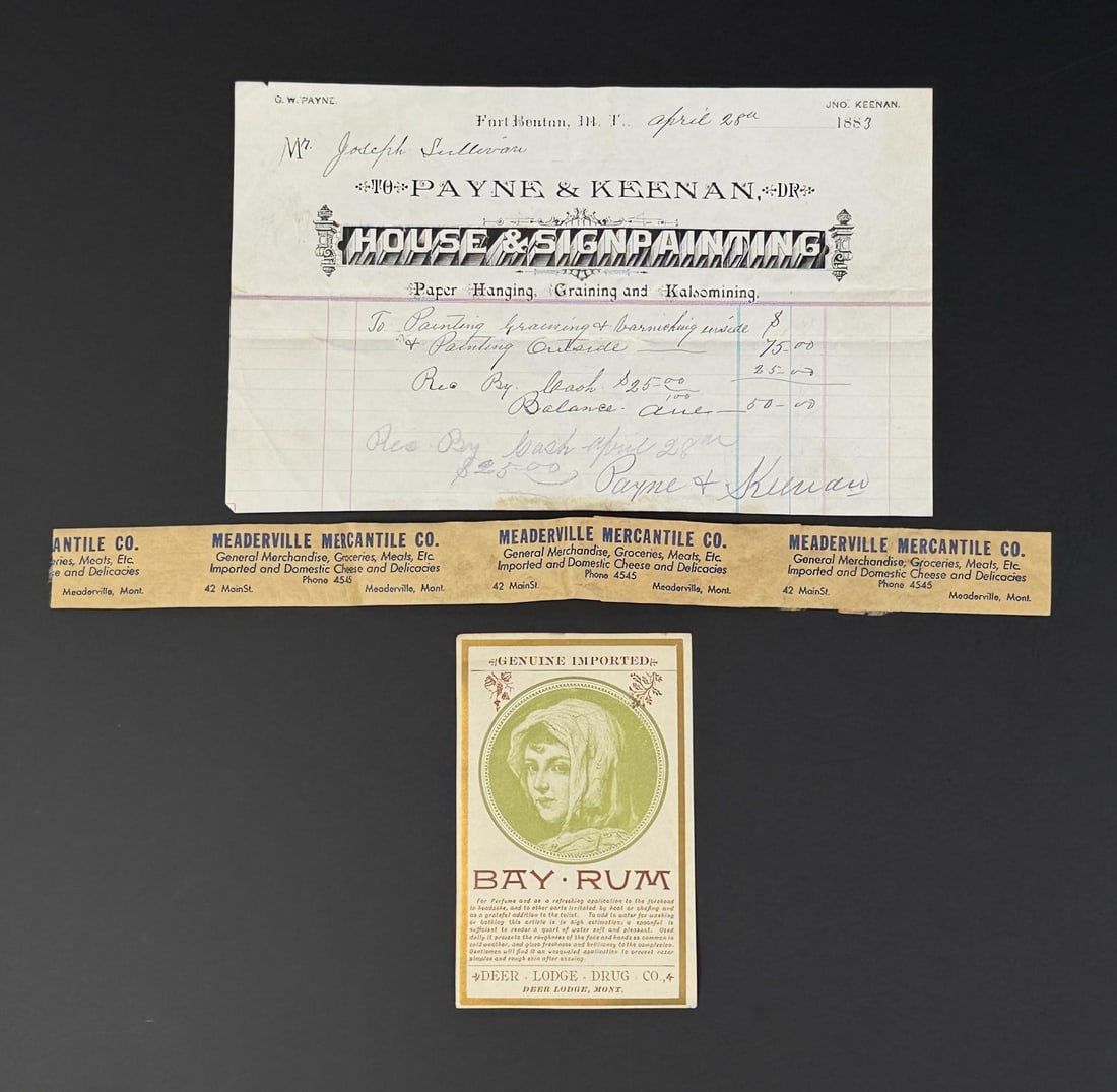 Joseph Sullivan Fort Benton Montana Billhead: Territorial. Dated 1883. Includes Meaderville Montana Mercantile Paper Tape, and Deer Lodge Drug Bay Rum Label.