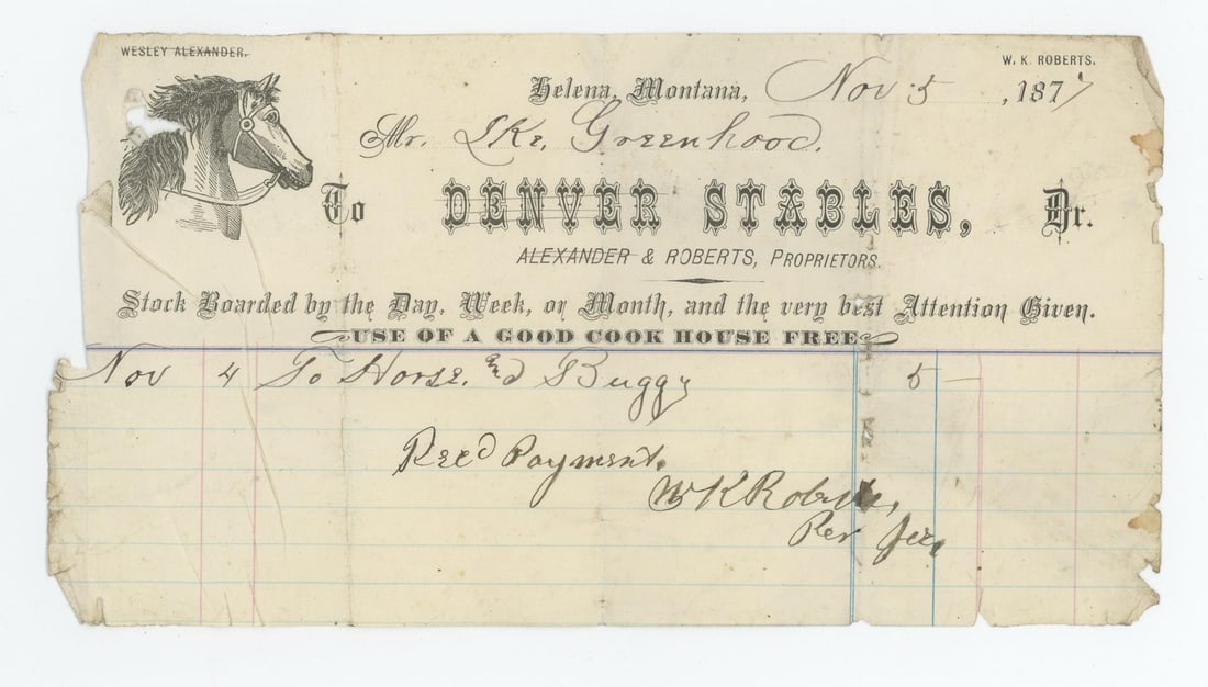 Helena Montana Territory Roberts Livery Billhead (1 of 3)