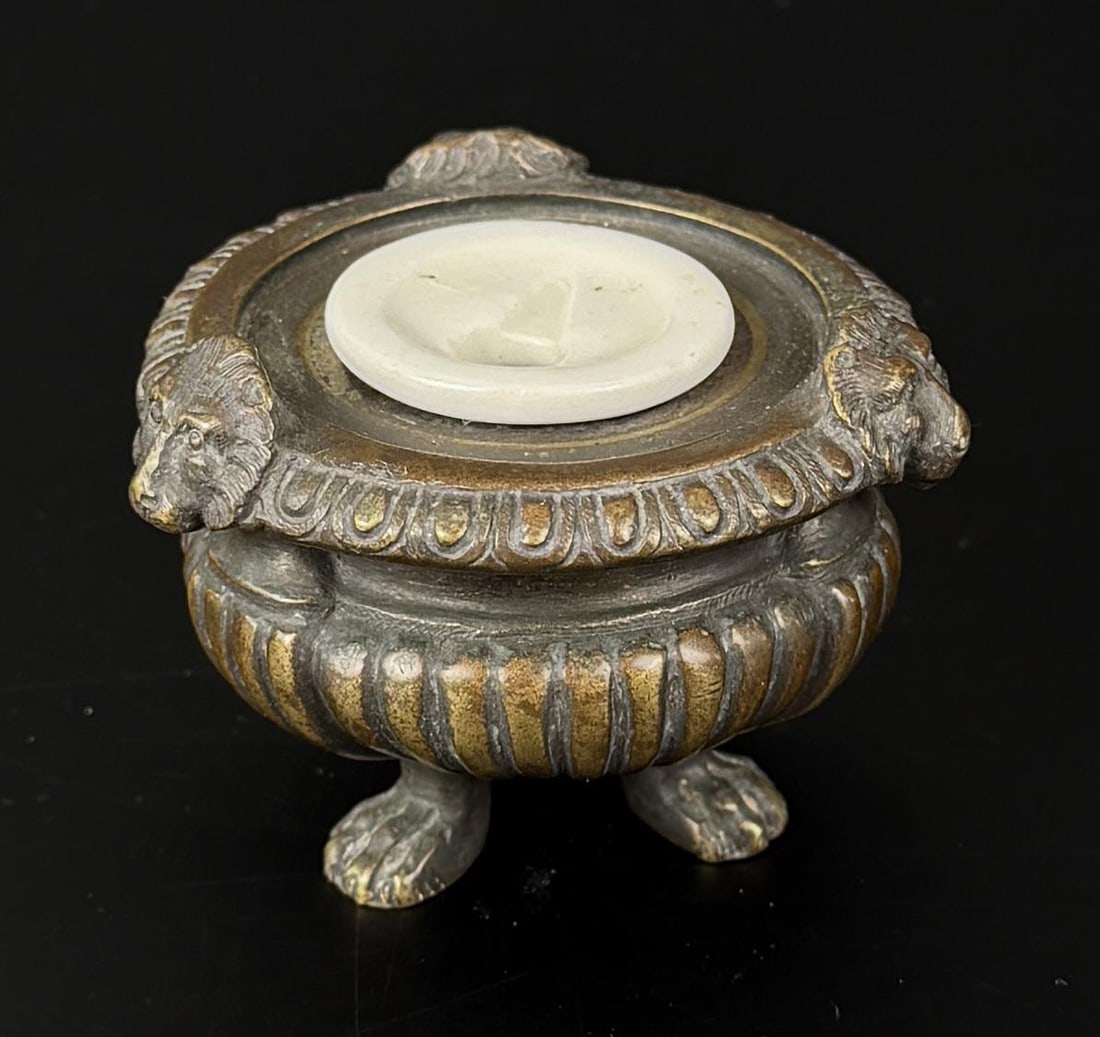 Georgian Bronze Lion Head Urn Inkwell: 2 5/8" diameter, 2" tall.
