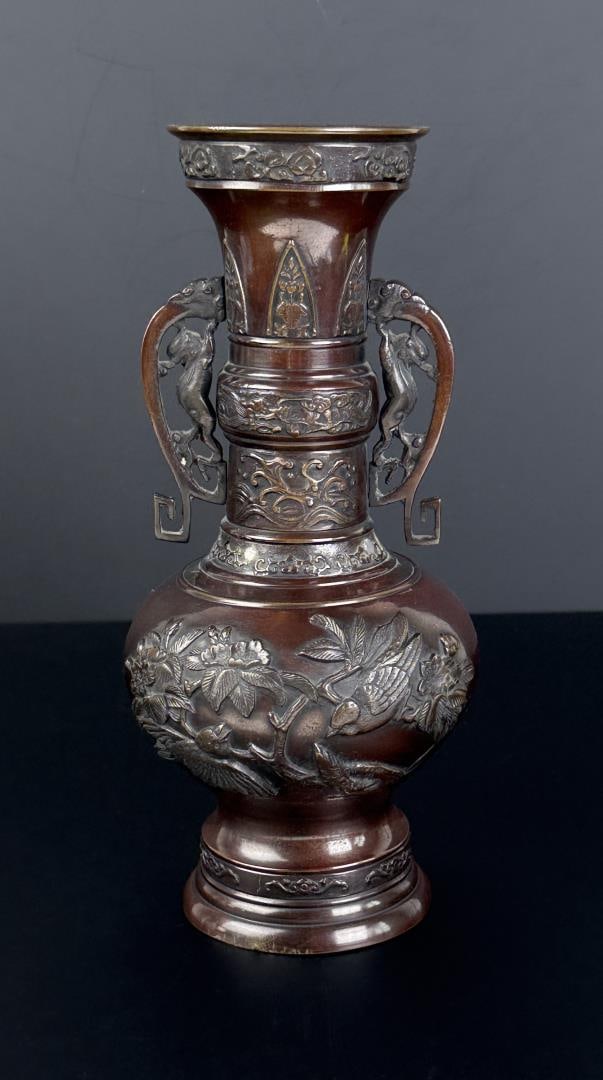 Meiji Period Japanese Bronze Urn Vase: Flowers and birds motif, 4 5/8" by 10" tall.