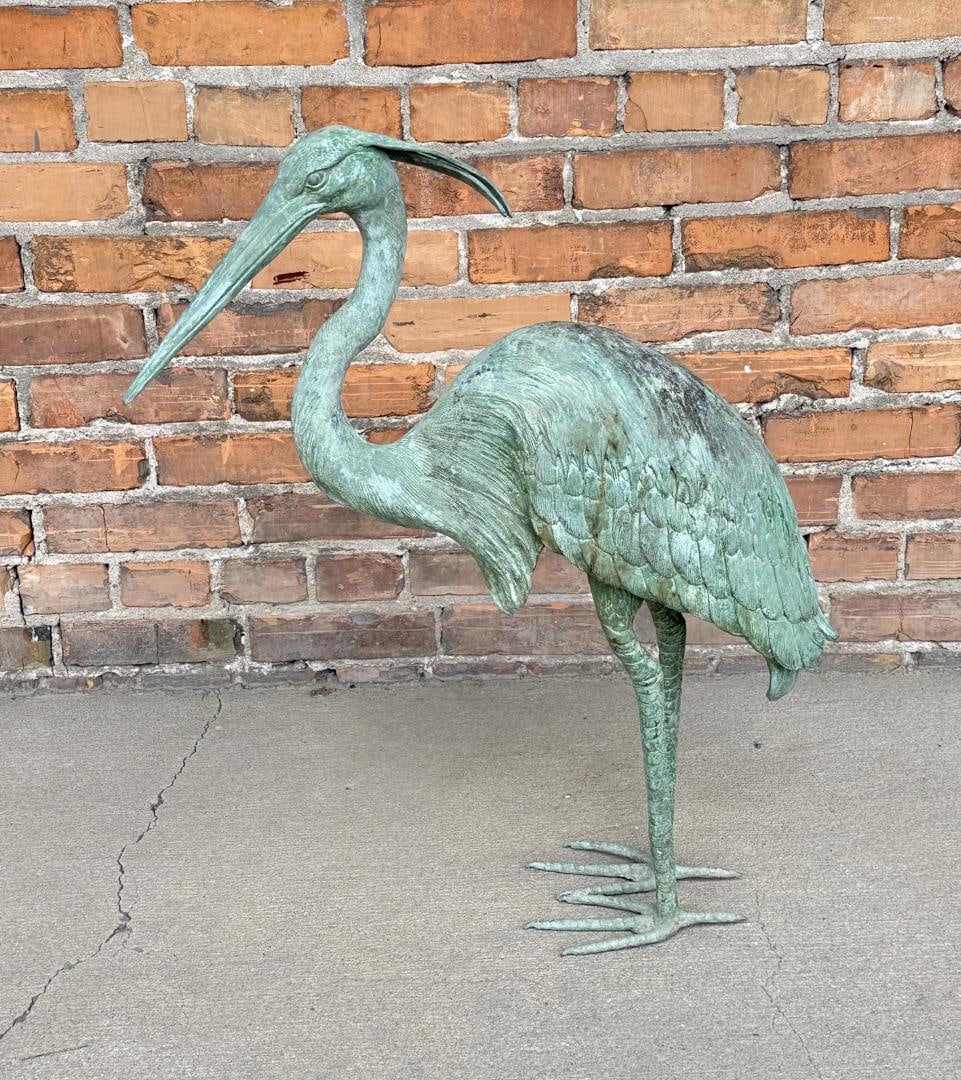 Bronze Great Blue Heron Garden Sculpture: 29 1/2" tall, 21 1/2" tail to beak. Unmarked.