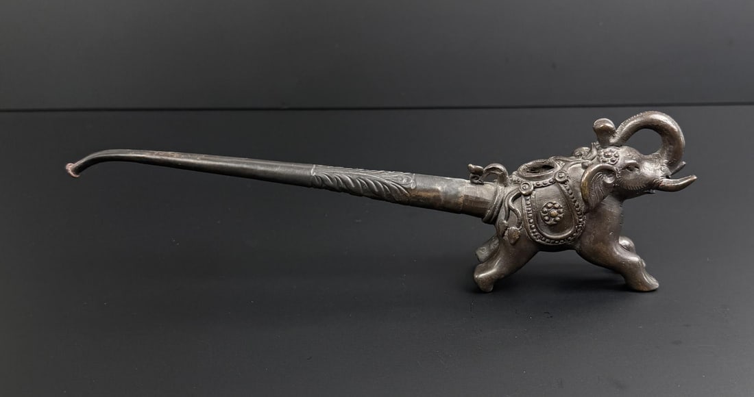 Chinese Elephant Brass Opium Pipe: 3" by 10 1/2" long.