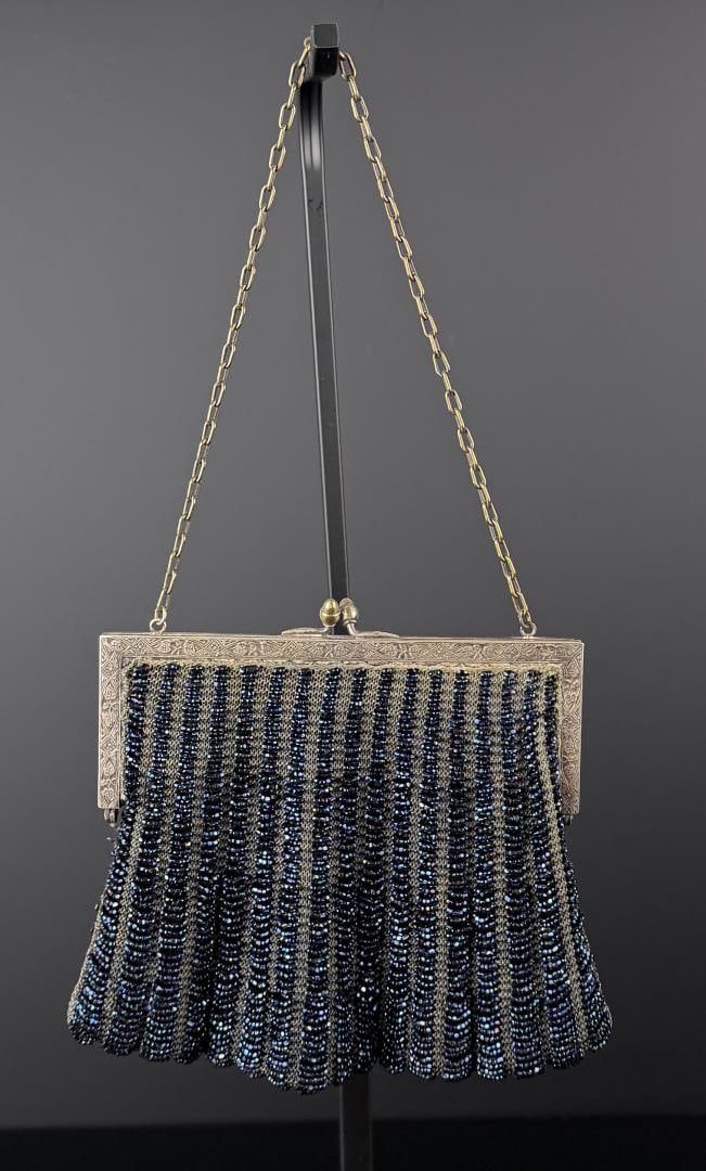 Art Deco Flapper Mesh Beaded Purse: Lining is tearing, 8" wide by 13 1/8" long with strap.