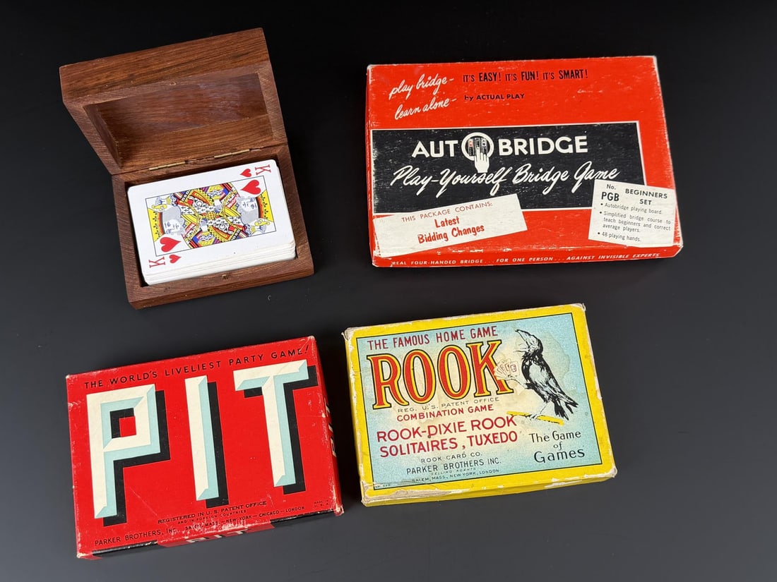Collection of Parker Brothers Card Games: Pit, Rook and Bridge, Rook is 1920s, nice example for its age.
