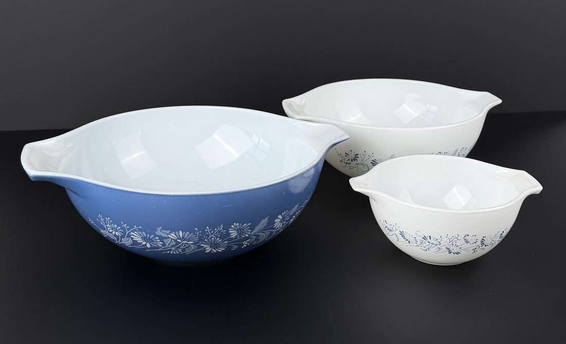 Colonial Mist Pyrex Cinderella Mixing Bowls: Largest is 4 1/8" by 10 5/8" by 10 3/4".