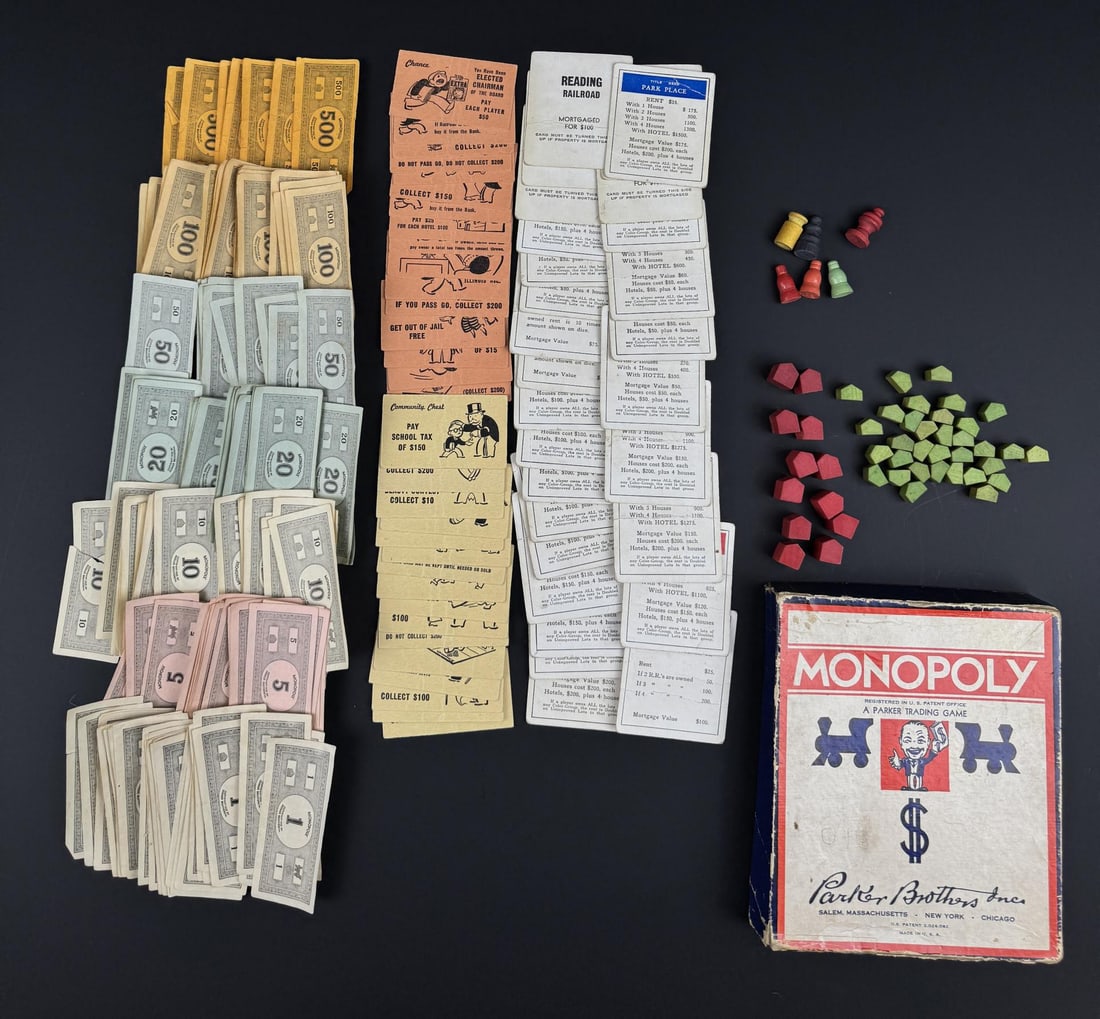 Parker Brothers Monopoly Board Game: 1930s. No board, money, pieces and box.
