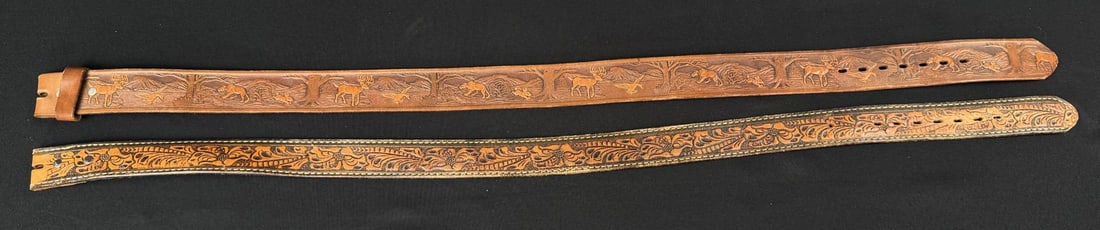 Vintage Tooled Leather Cowboy Belts: 38 1/4" long. Size 34. One is Chambers of Arizona.