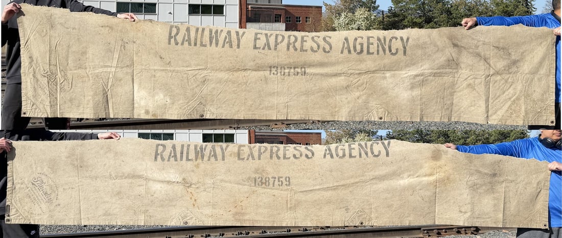 Railway Express Agency Train Car Shipping Signs: 19" by 155 1/4" long and 28" by 155 1/2" long. Made by Fulton Canvas. REA operated from 1918 to 1975. Two sections of canvas / tarp.