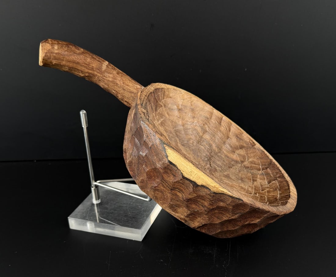 African Wood Water Ladle: 2 5/8" by 5 1/8" by 10 7/8".