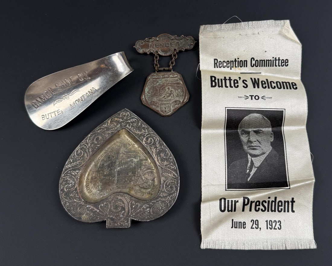 Collection of Butte Montana Memorbilia: Warren G. Harding Ribbon, Gamer shoe horn, grand lodge member and San Francisco Chinatown spade souvenir tray.