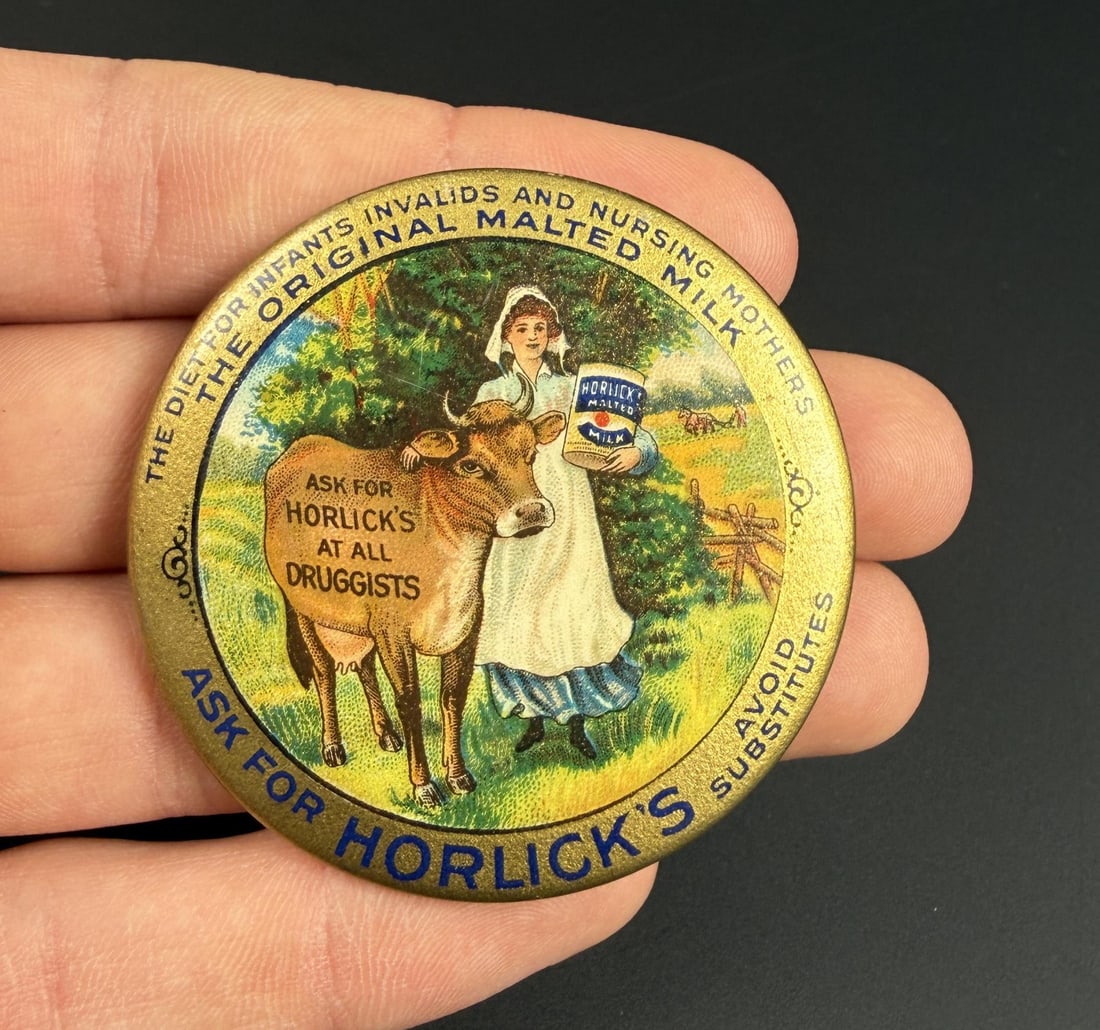 Horlicks Malted Milk Advertising Pocket Mirror: 2" diameter.