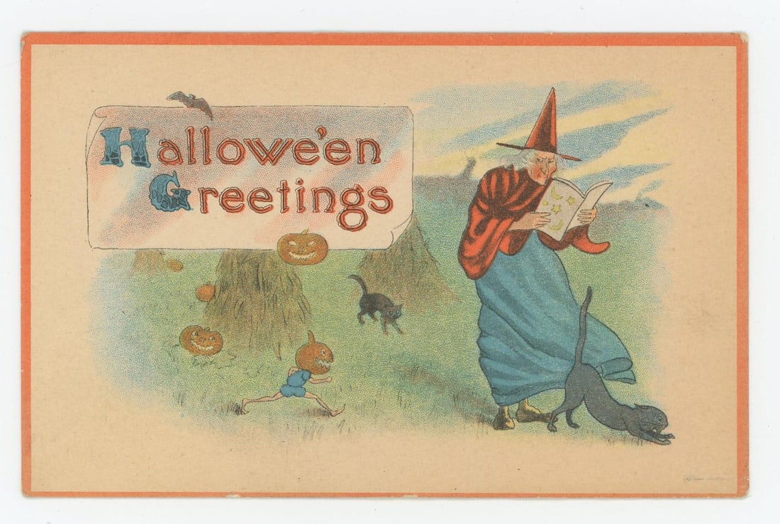 Halloween Greetings Jack O Lantern Witch Postcard: Made by Barton & Spooner.