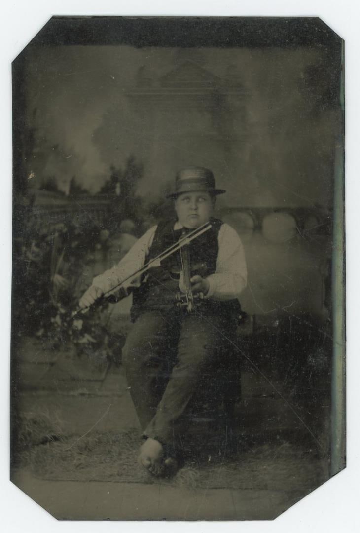 Boy with Violin in Boater Hat Tintype Photo (1 of 3)