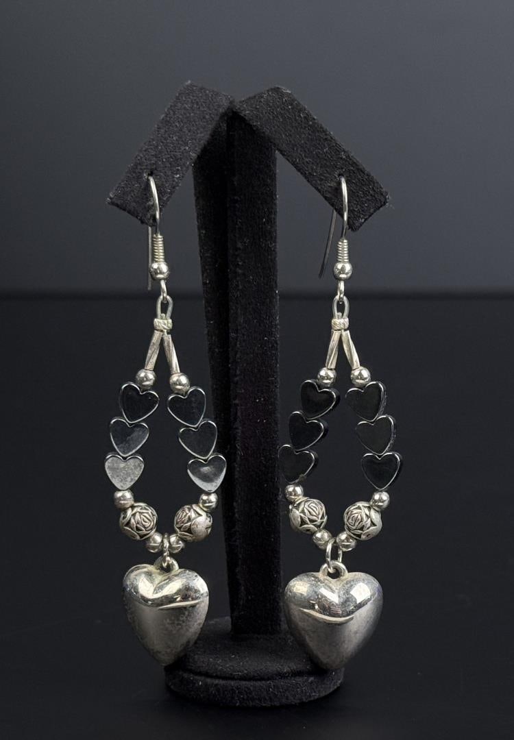 Navajo Sterling Silver Hematite Heart Earrings: 3/4" by 2 1/2" long.