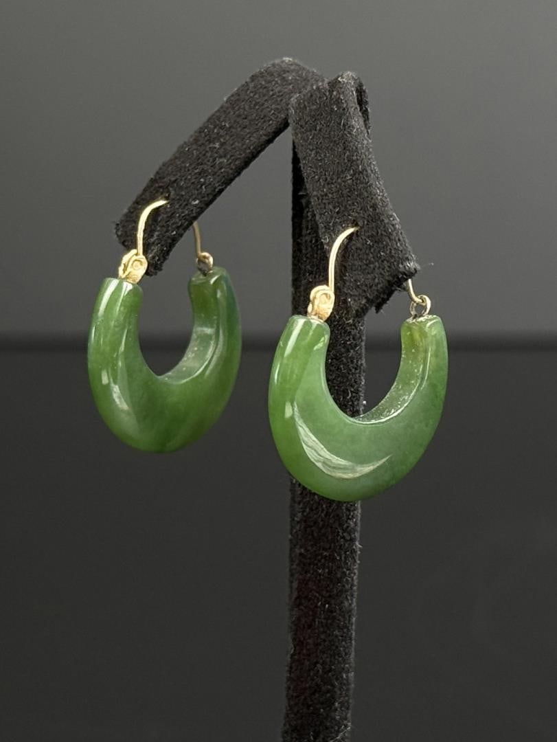 14K Gold Nephrite Jade Half Moon Earrings: 5/8" long by 5/8 wide. Clasps are 14k.