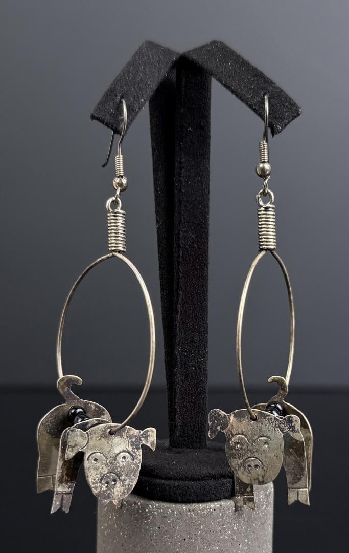Taxco Mexico Alpaca Silver Pig Earrings: 3 1/4" long.