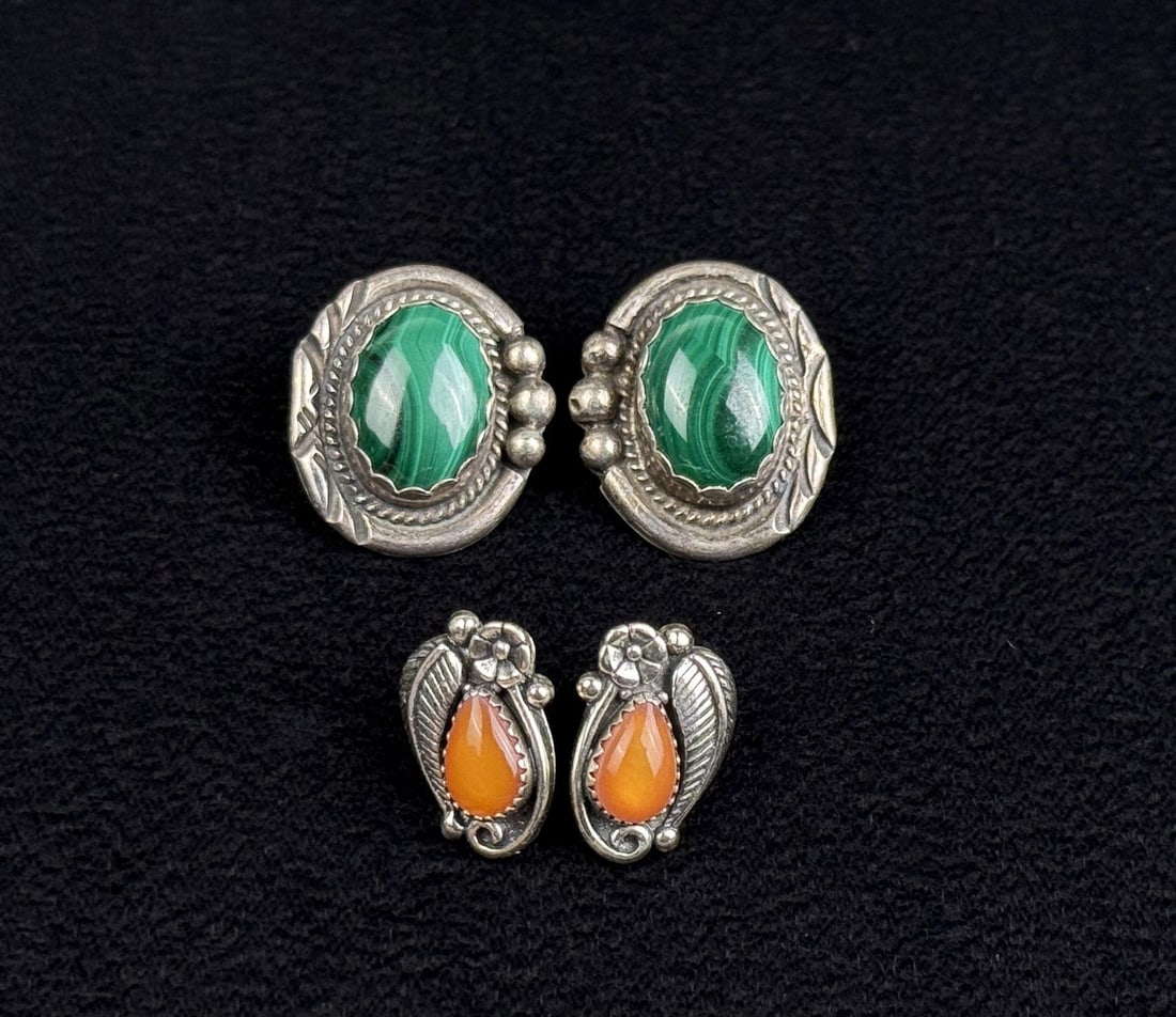 Navajo Sterling Malachite and Amber Earrings (1 of 5)