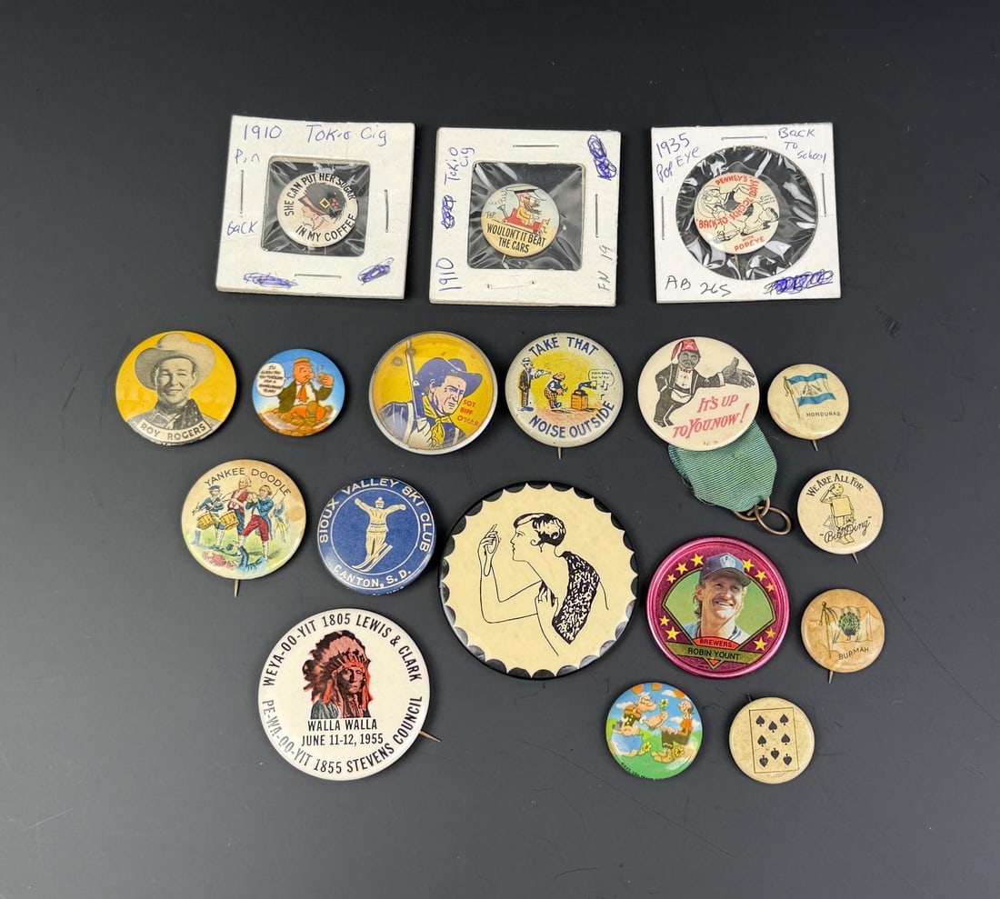 Collection of Cigarette Premium Celluloid Buttons: Nice grouping. 18 pins total.