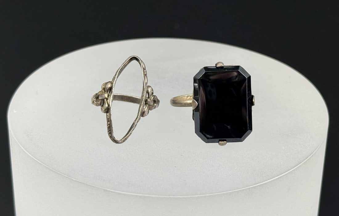 Victorian Sterling Silver Rings: 6.38 grams, size 5 1/2 and 7 1/2. One has broken band.