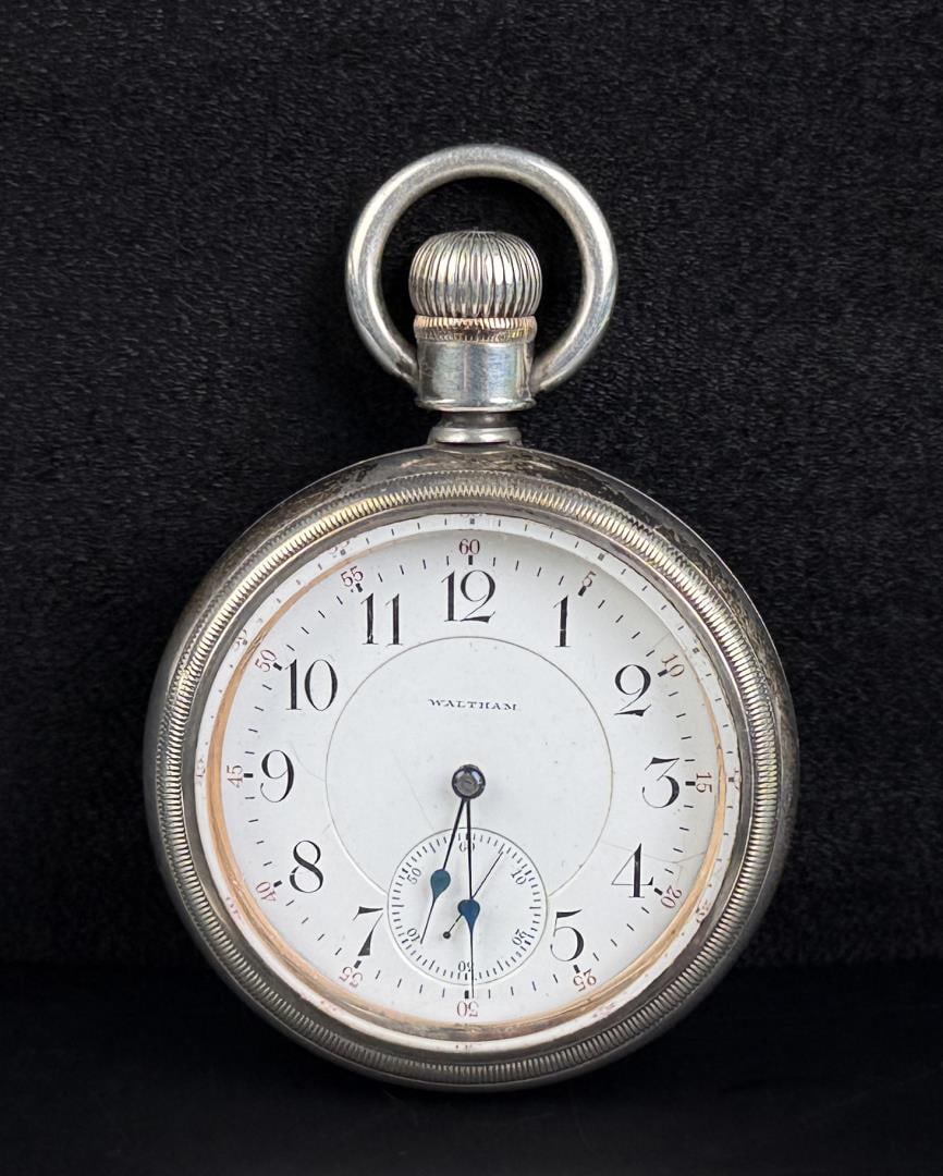 Waltham Sterling Logging Back Pocket Watch: Crescent St. Working. 172 grams.