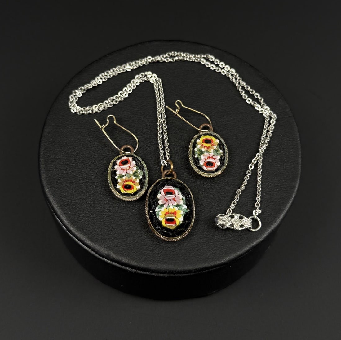 Italian Micro Mosaic Necklace and Earrings: Necklace is 9" long when clasped.