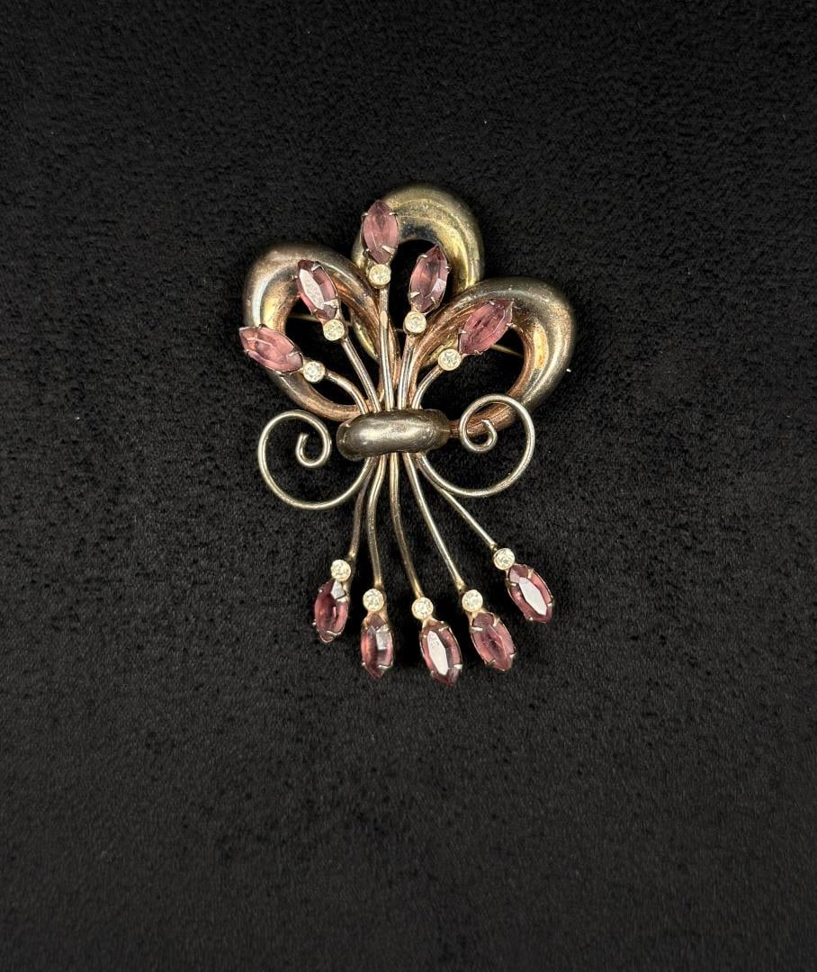 EnZell Rhinestone Sterling Silver Flower Brooch: 2 7/8" by 1 7/8". 16.92 grams.