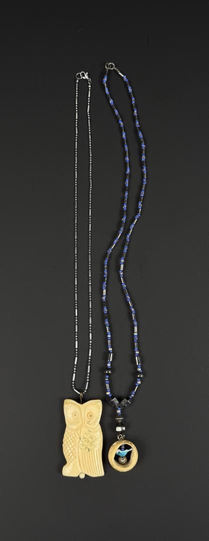 Bone Owl and Zuni Bird Necklaces: Largest is 12 7/8" long as displayed.