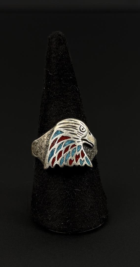 Sterling Silver Eagle Turquoise Inlay Ring: Size 9 1/2. 7.37 grams. Turquoise and coral inlays.