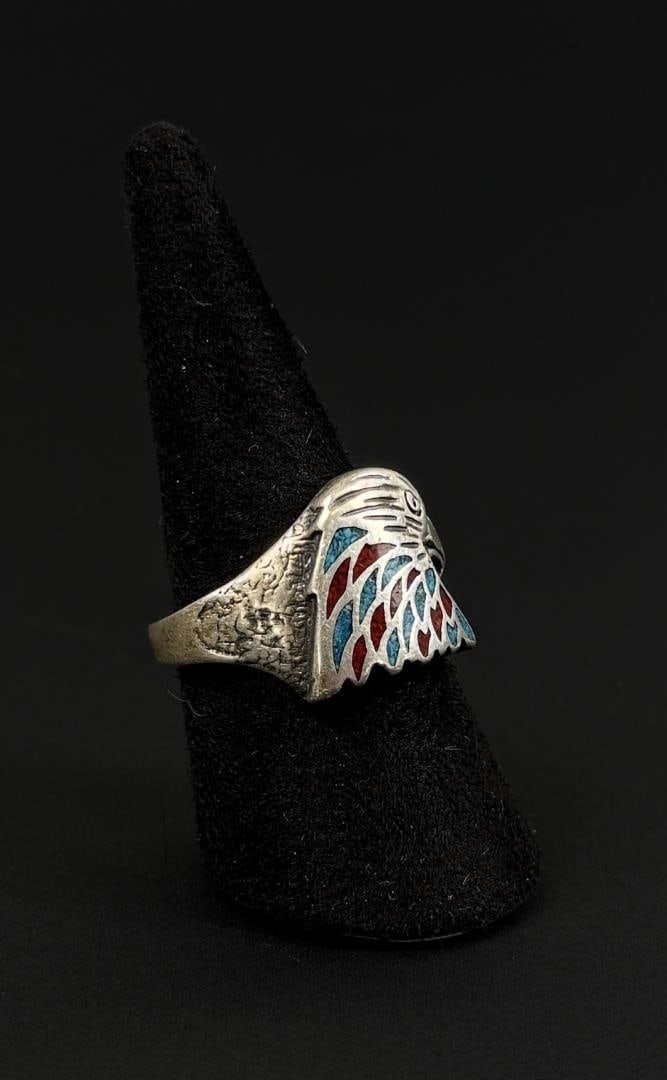 Sterling Silver Eagle Turquoise Inlay Ring - 2