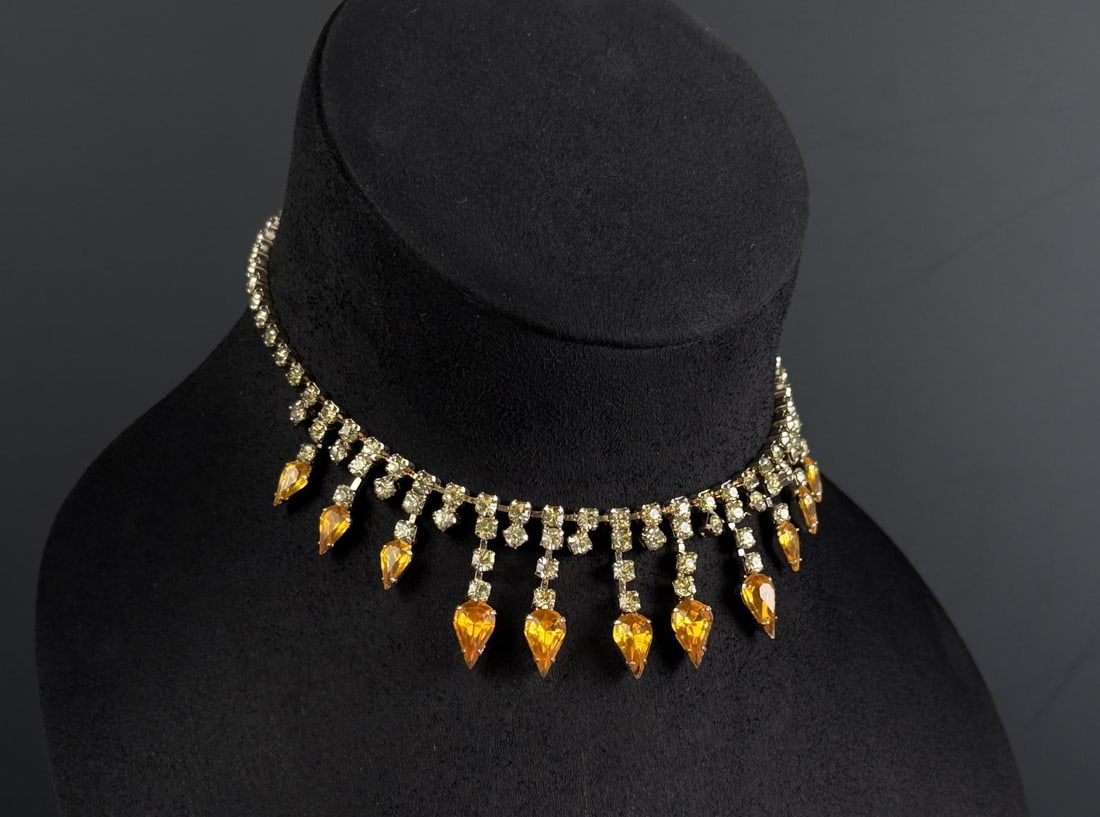 Art Deco Rhinestone Cognac Teardrop Necklace: 8 1/2" long as displayed.