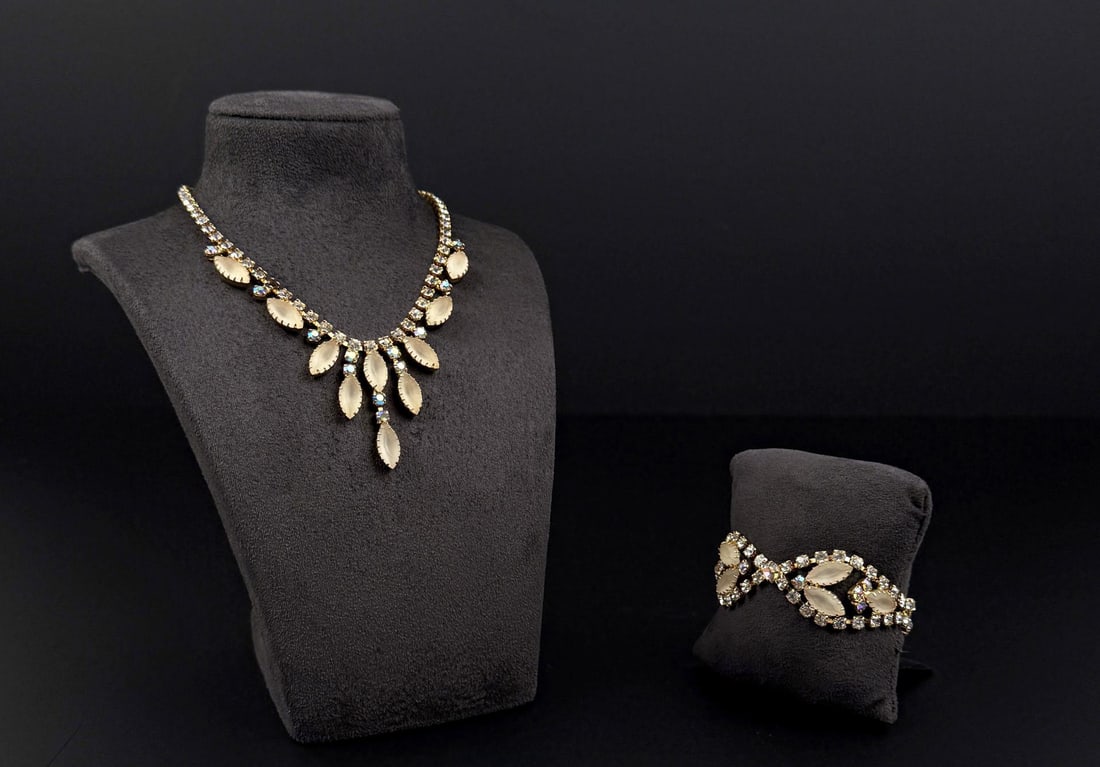 Rhinestone Costume Jewelry Suite: Necklace is 8 1/4" long when clasped.