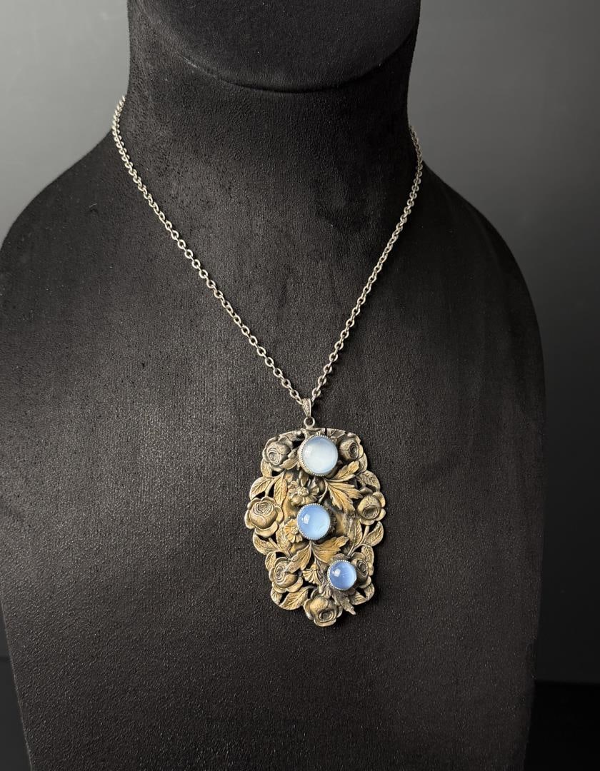 Art Nouveau Brass Blue Paste Necklace: 12" long as displayed.