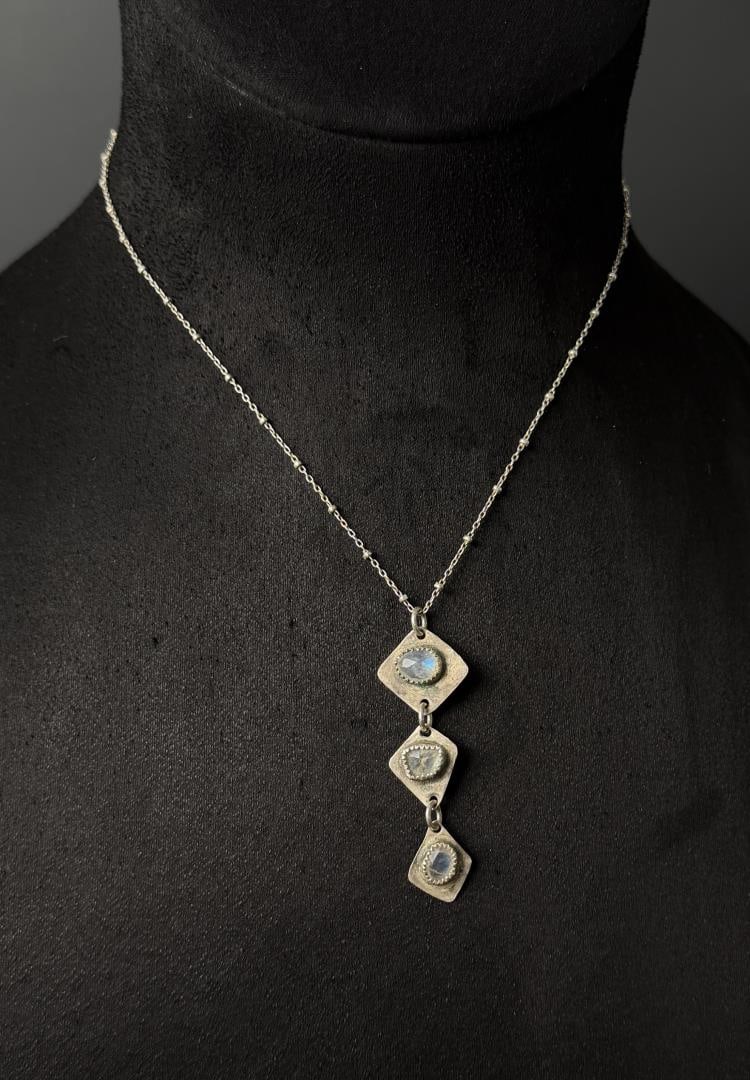 Sterling Silver Moonstone Tiered Necklace: 5.2 grams. 10 7/8" long as displayed.